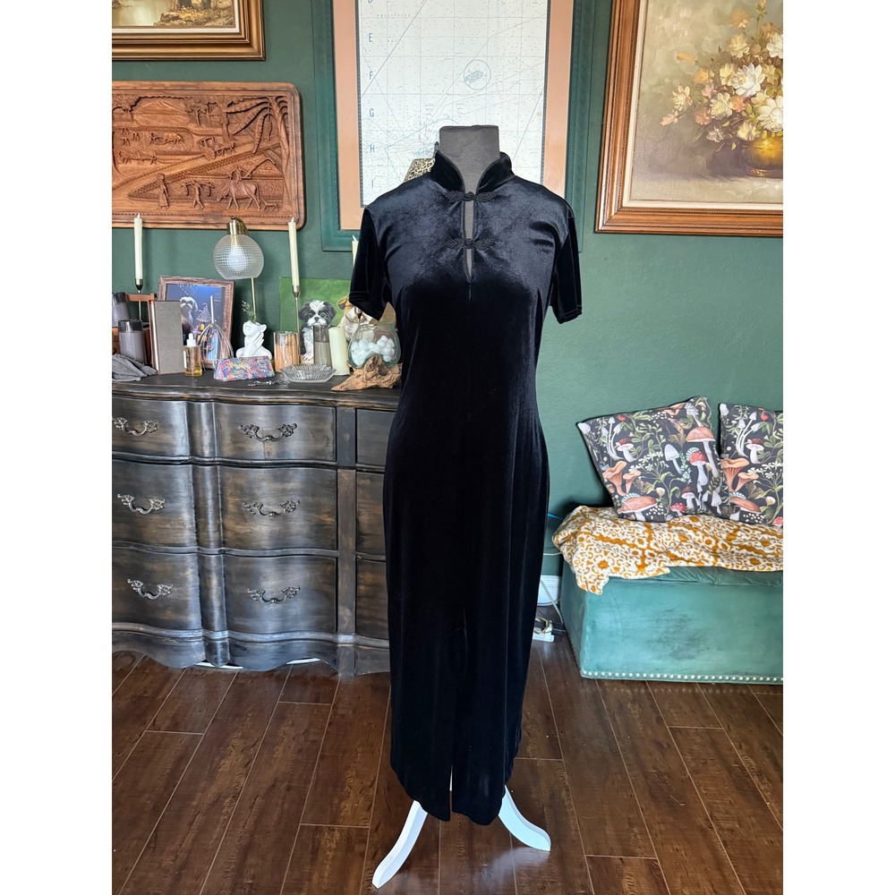 Dressing Clio Black Velvet Cheongsam Maxi Dress Mandarin Collar Frog Closure VTG